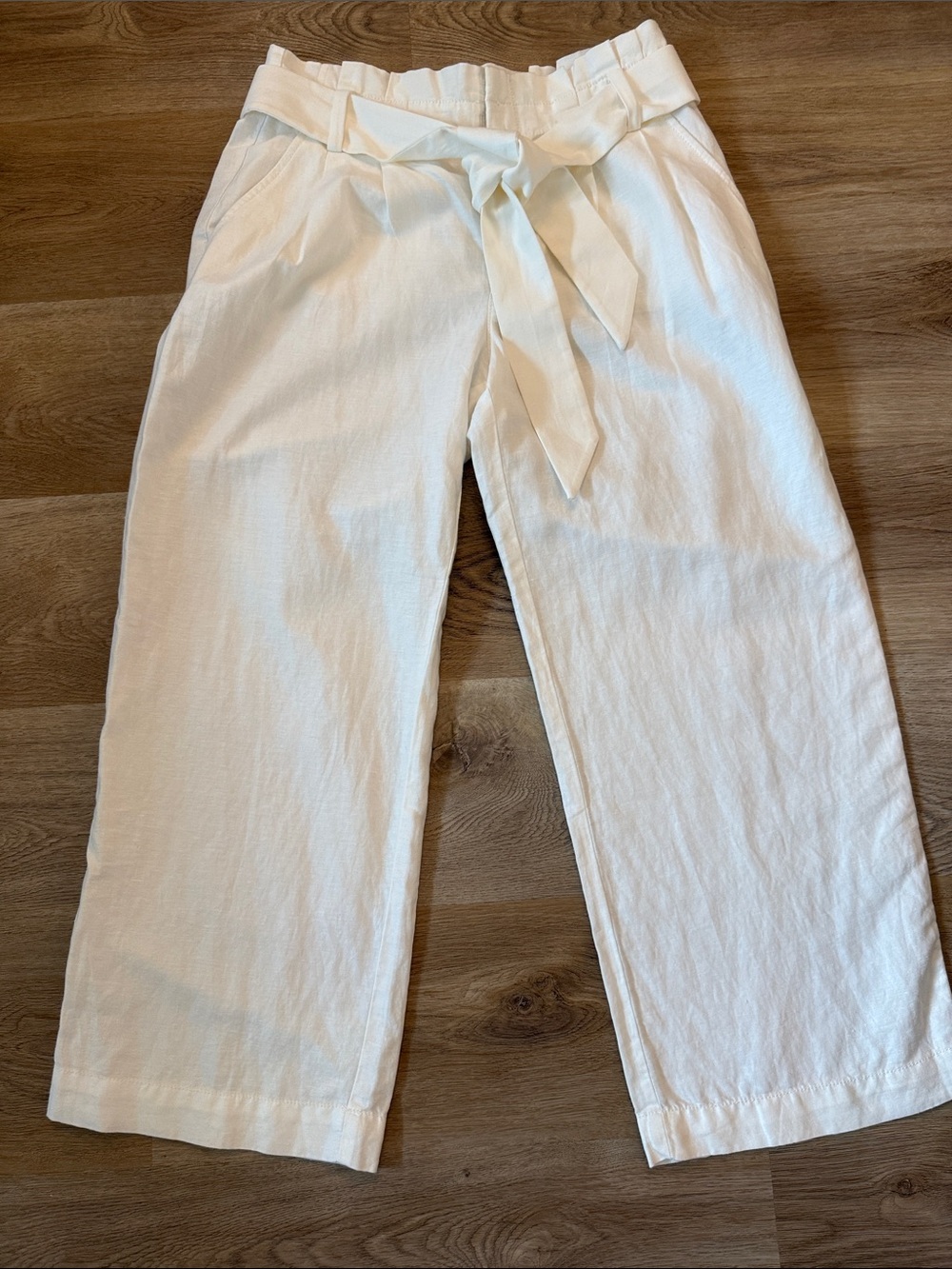 LOFT White High-Waist Wide-Leg Ankle Pants Front Tie Linen cotton blend Size 6